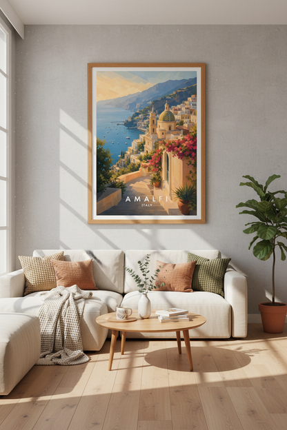 Amalfi Italy Travel Poster | Mediterranean Coastal Wall Art Print | Positano Decor