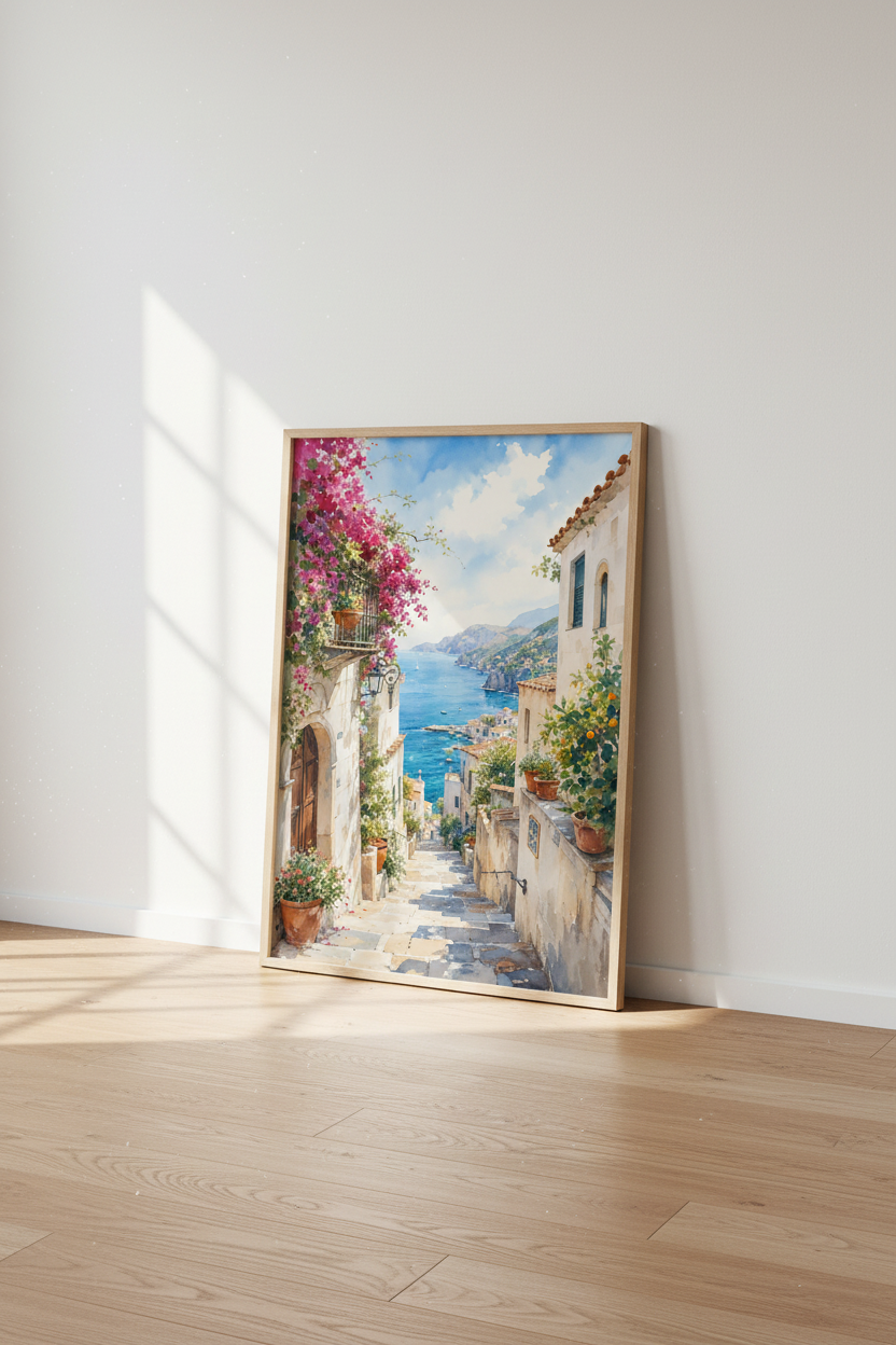 Amalfi Coast Italy Watercolor | Mediterranean Coastal View, Living Room Decor