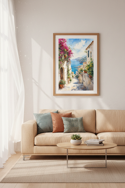 Amalfi Coast Italy Watercolor | Mediterranean Coastal View, Living Room Decor