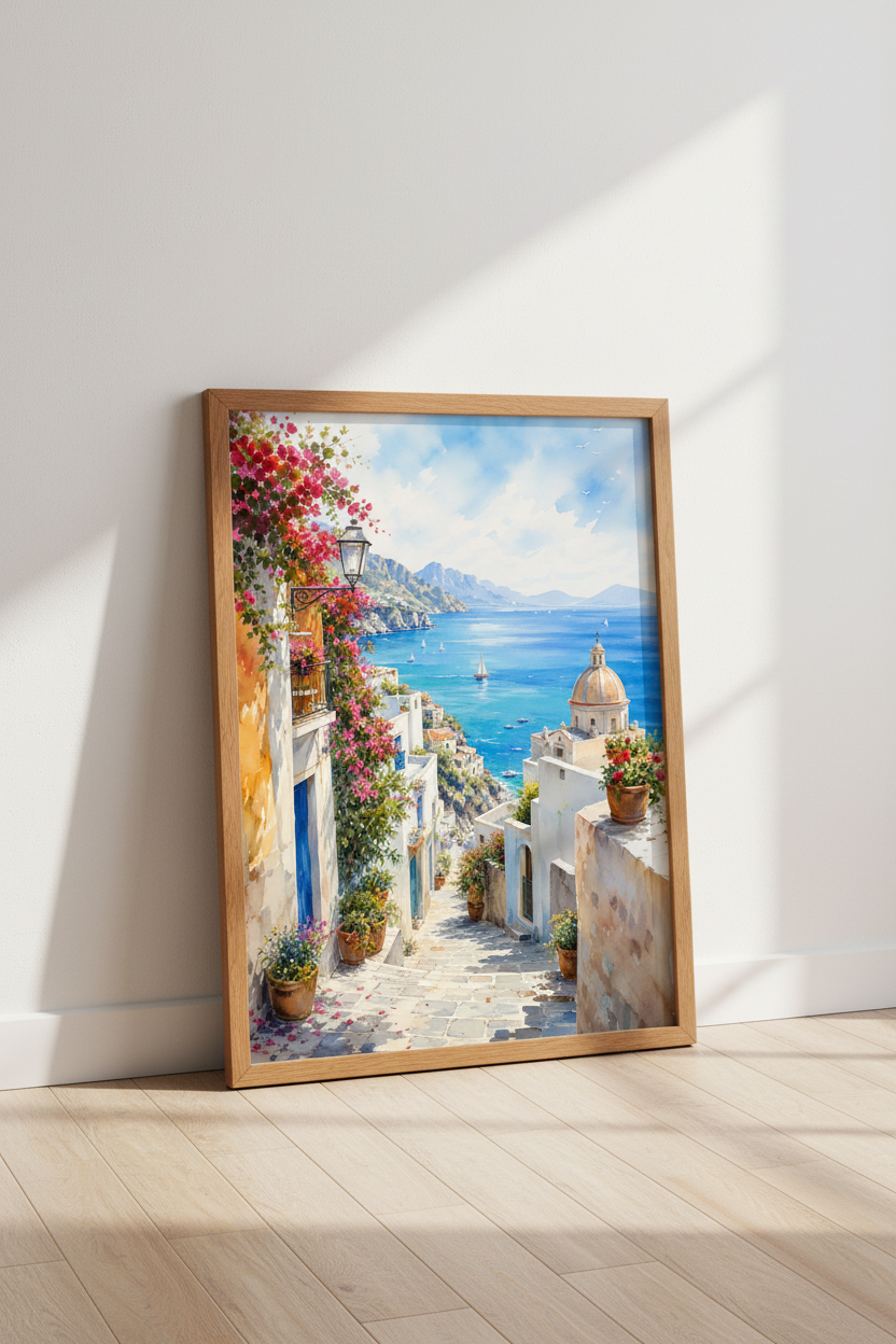 Amalfi Coast Italy Watercolor Print | Mediterranean Village Decor | Coastal Wall Art