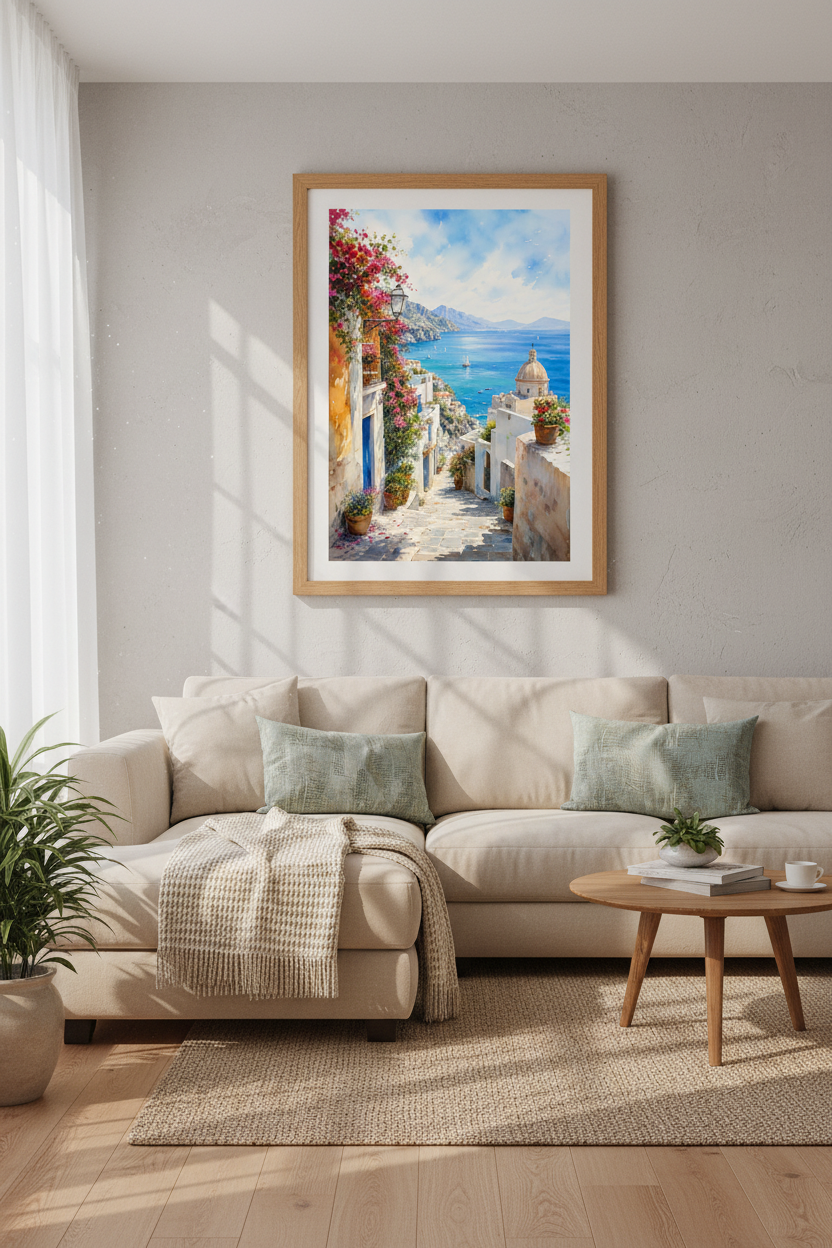 Amalfi Coast Italy Watercolor Print | Mediterranean Village Decor | Coastal Wall Art