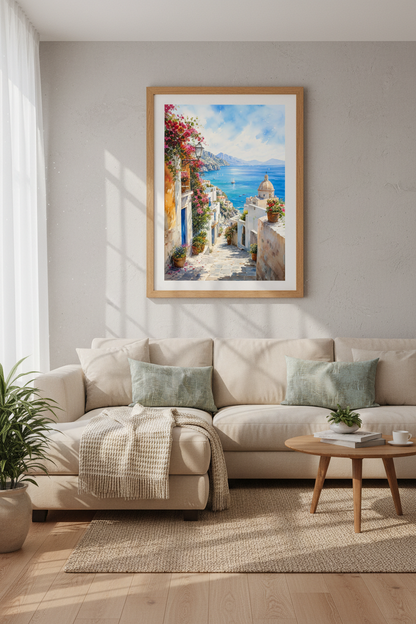 Amalfi Coast Italy Watercolor Print | Mediterranean Village Decor | Coastal Wall Art