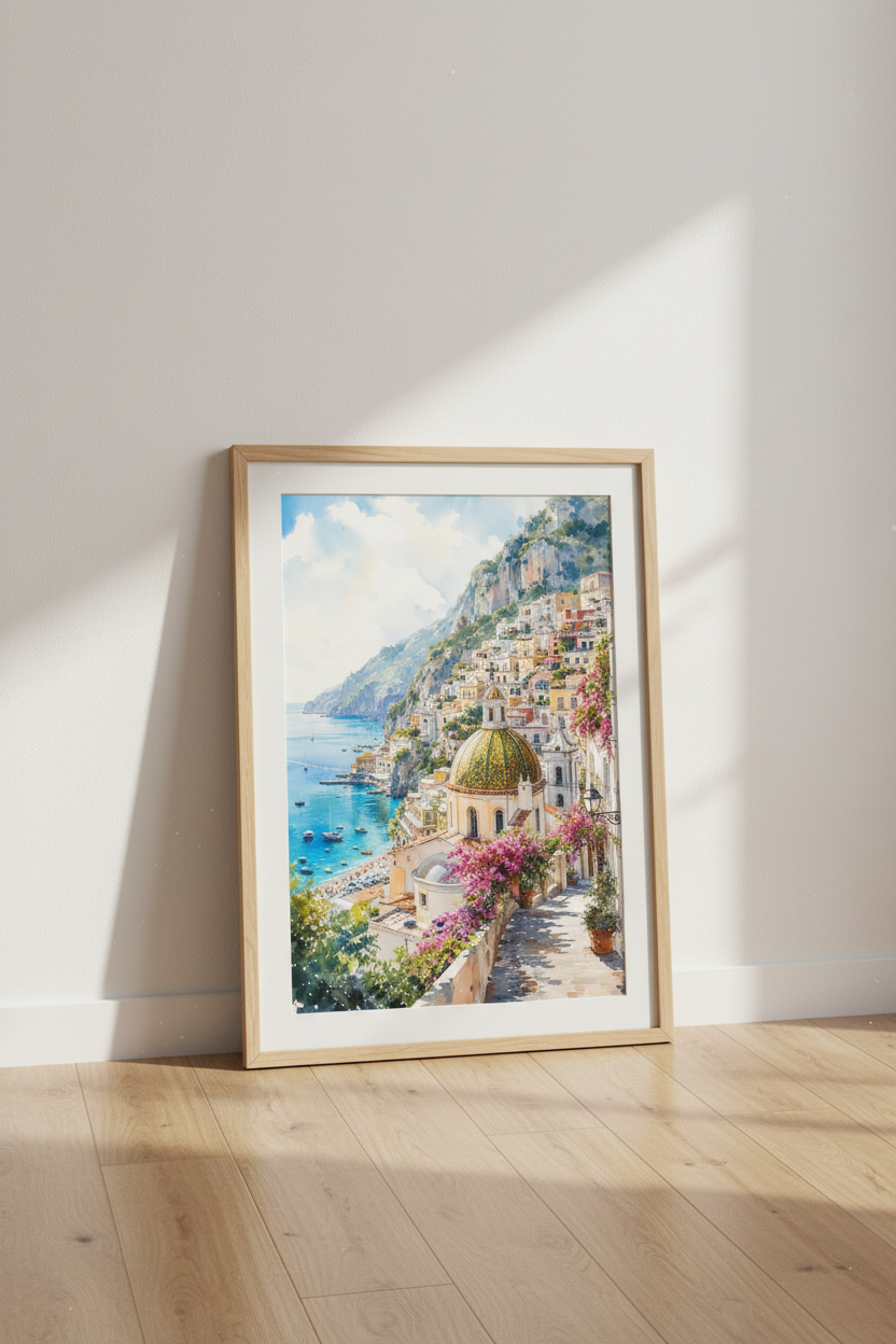 Positano Amalfi Coast Watercolor Wall Art | Italy Coastal Decor | Mediterranean Poster