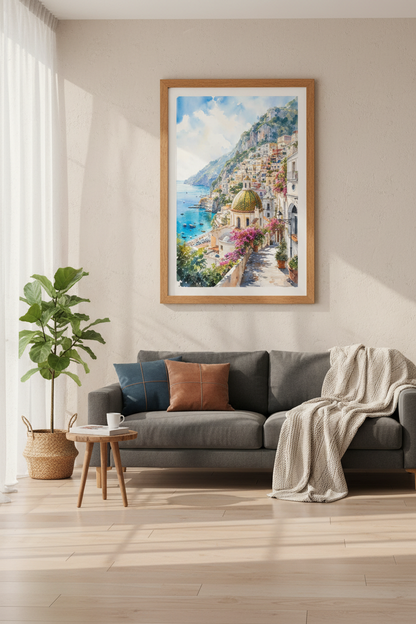 Positano Amalfi Coast Watercolor Wall Art | Italy Coastal Decor | Mediterranean Poster