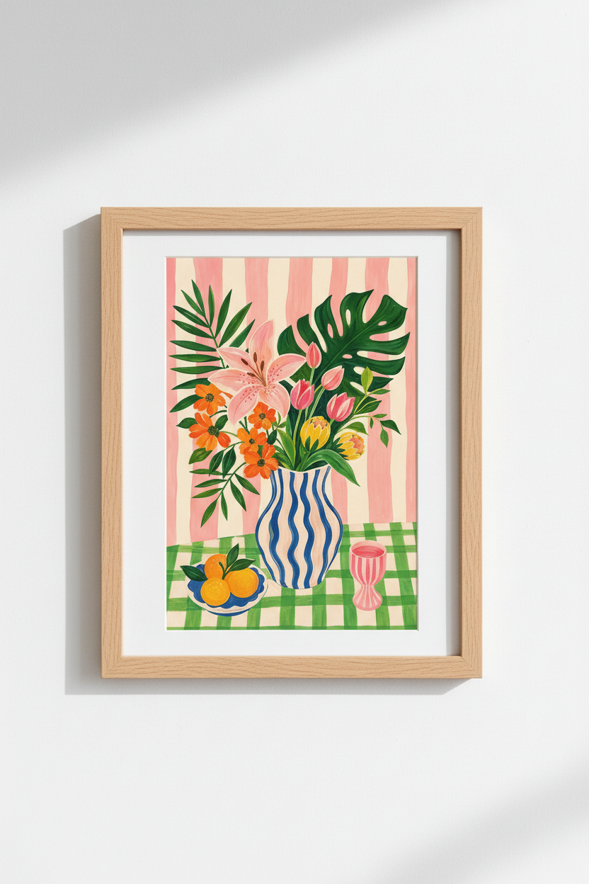 Matisse Inspired Floral Print | Colorful Flower Poster, Pink Stripes Wall Art Decor