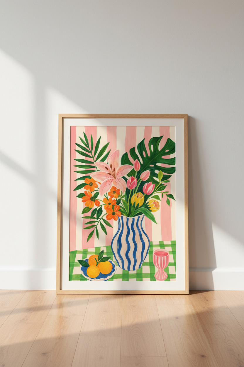 Matisse Inspired Floral Print | Colorful Flower Poster, Pink Stripes Wall Art Decor