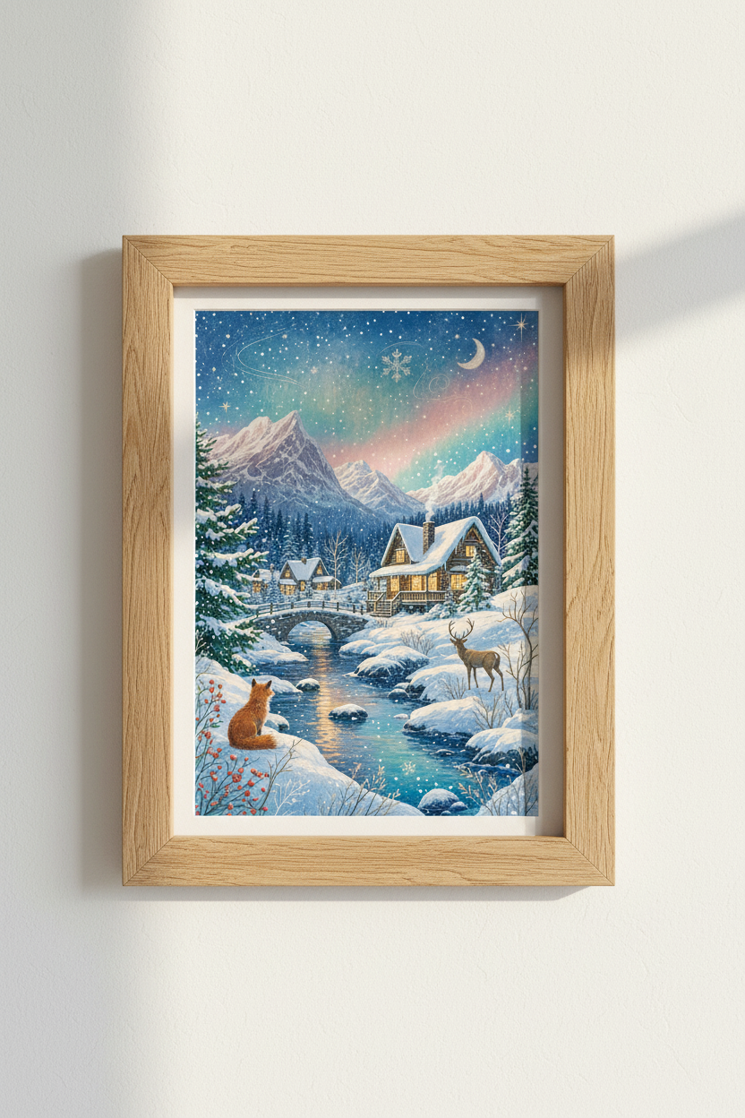 Winter Cabin Mountain Landscape | Whimsical Snowy Night Art, Living Room Wall Decor