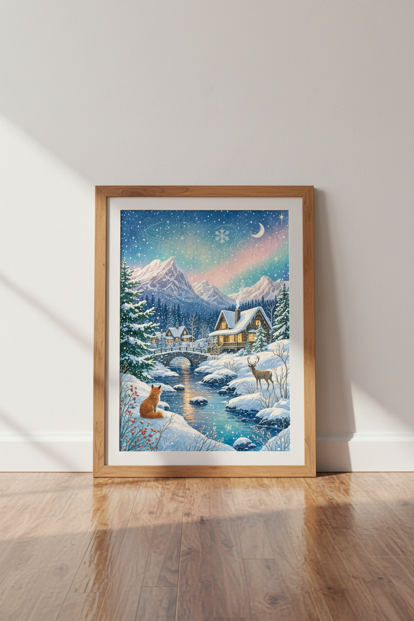 Winter Cabin Mountain Landscape | Whimsical Snowy Night Art, Living Room Wall Decor