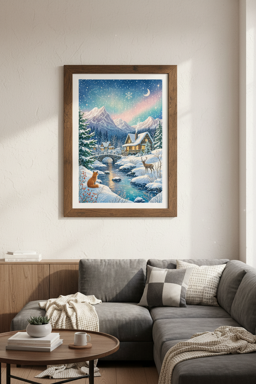 Winter Cabin Mountain Landscape | Whimsical Snowy Night Art, Living Room Wall Decor