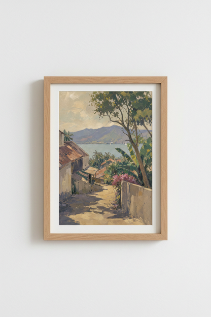 Coastal village art | Impressionist palette, sunlit blues | Living room decor