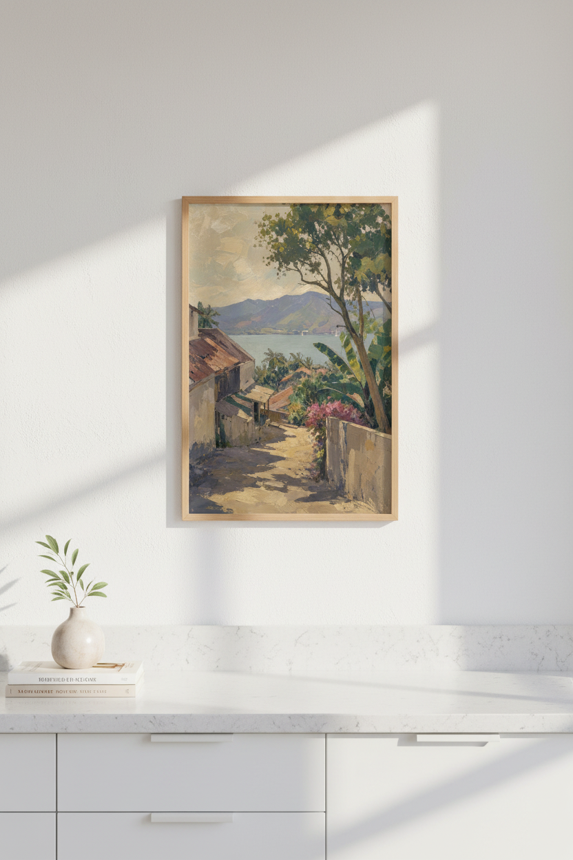 Coastal village art | Impressionist palette, sunlit blues | Living room decor