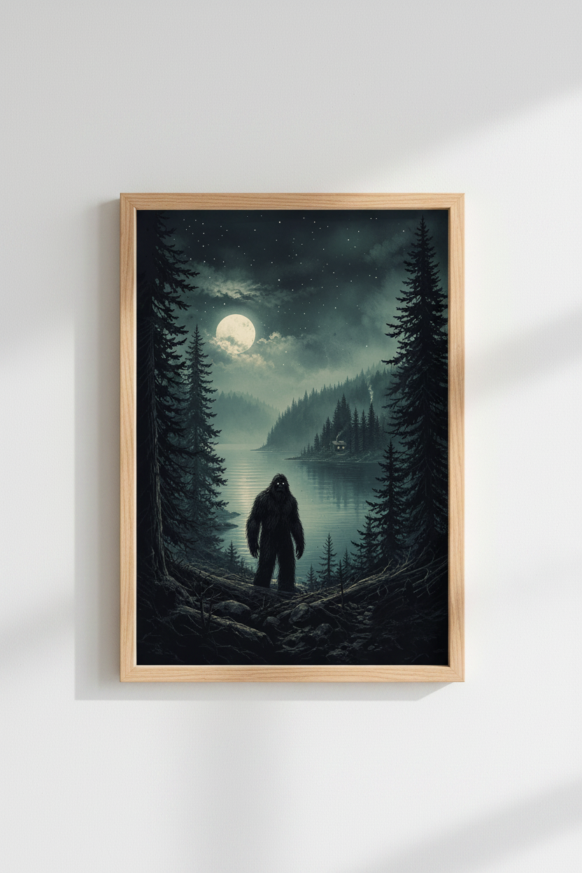 Sasquatch Moon Art Print | Bigfoot Landscape Poster | Dark Forest Decor