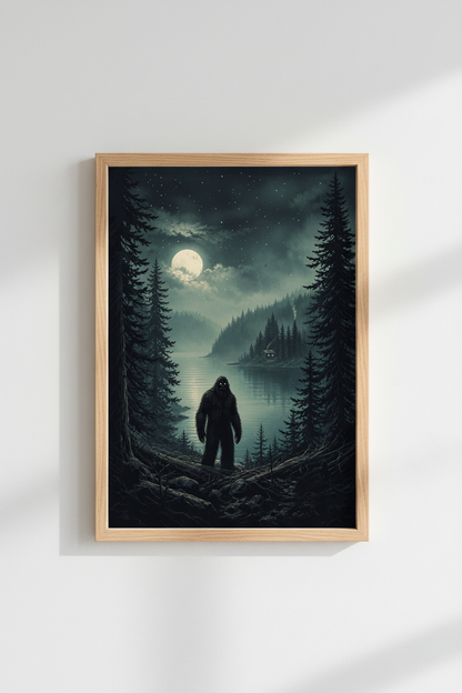Sasquatch Moon Art Print | Bigfoot Landscape Poster | Dark Forest Decor