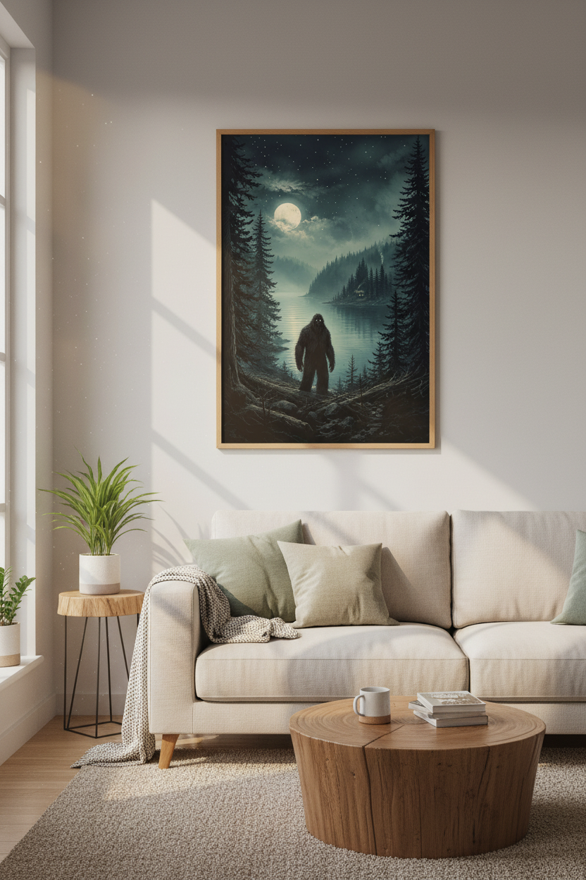 Sasquatch Moon Art Print | Bigfoot Landscape Poster | Dark Forest Decor