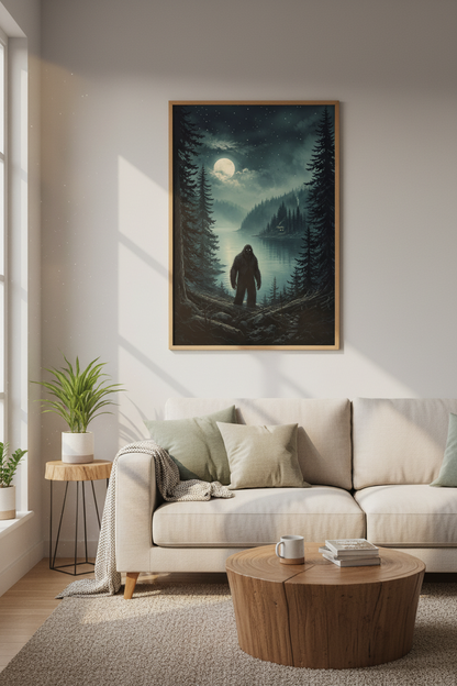 Sasquatch Moon Art Print | Bigfoot Landscape Poster | Dark Forest Decor