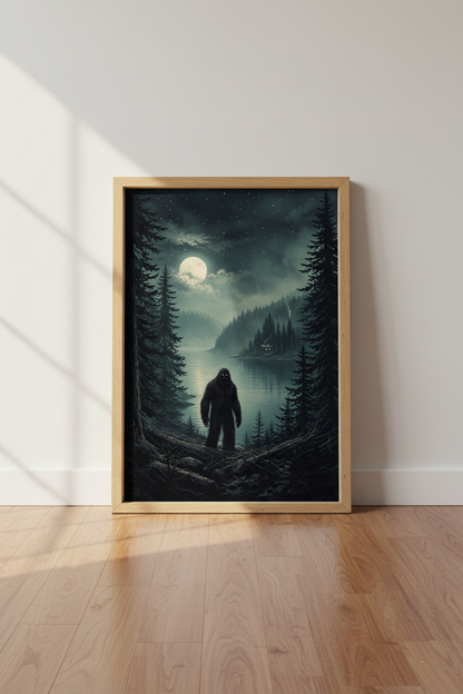 Sasquatch Moon Art Print | Bigfoot Landscape Poster | Dark Forest Decor