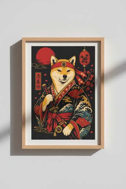 Shiba Inu wall art | Japanese-inspired, vibrant red-gold palette | Living Room Decor