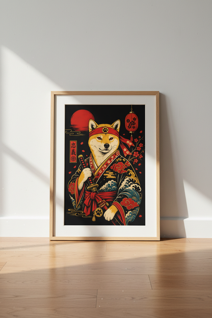 Shiba Inu wall art | Japanese-inspired, vibrant red-gold palette | Living Room Decor