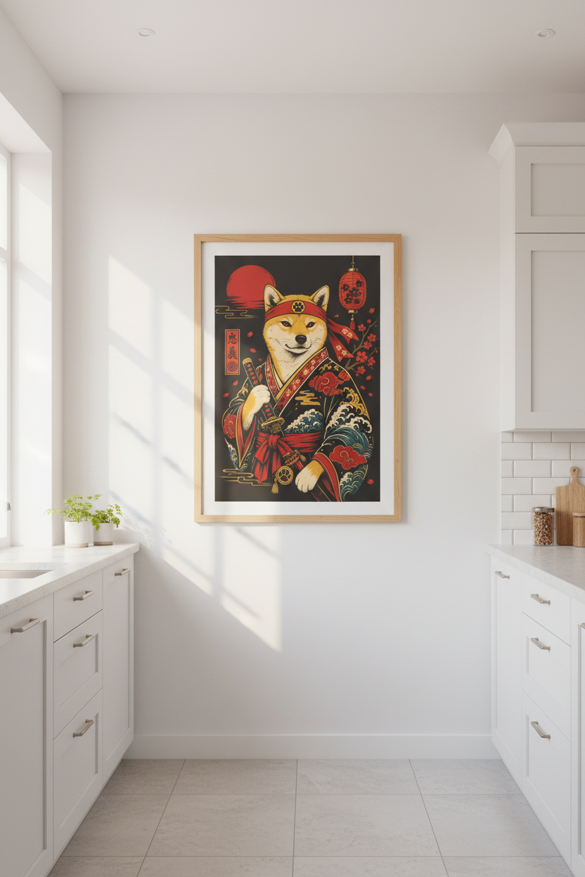 Shiba Inu wall art | Japanese-inspired, vibrant red-gold palette | Living Room Decor