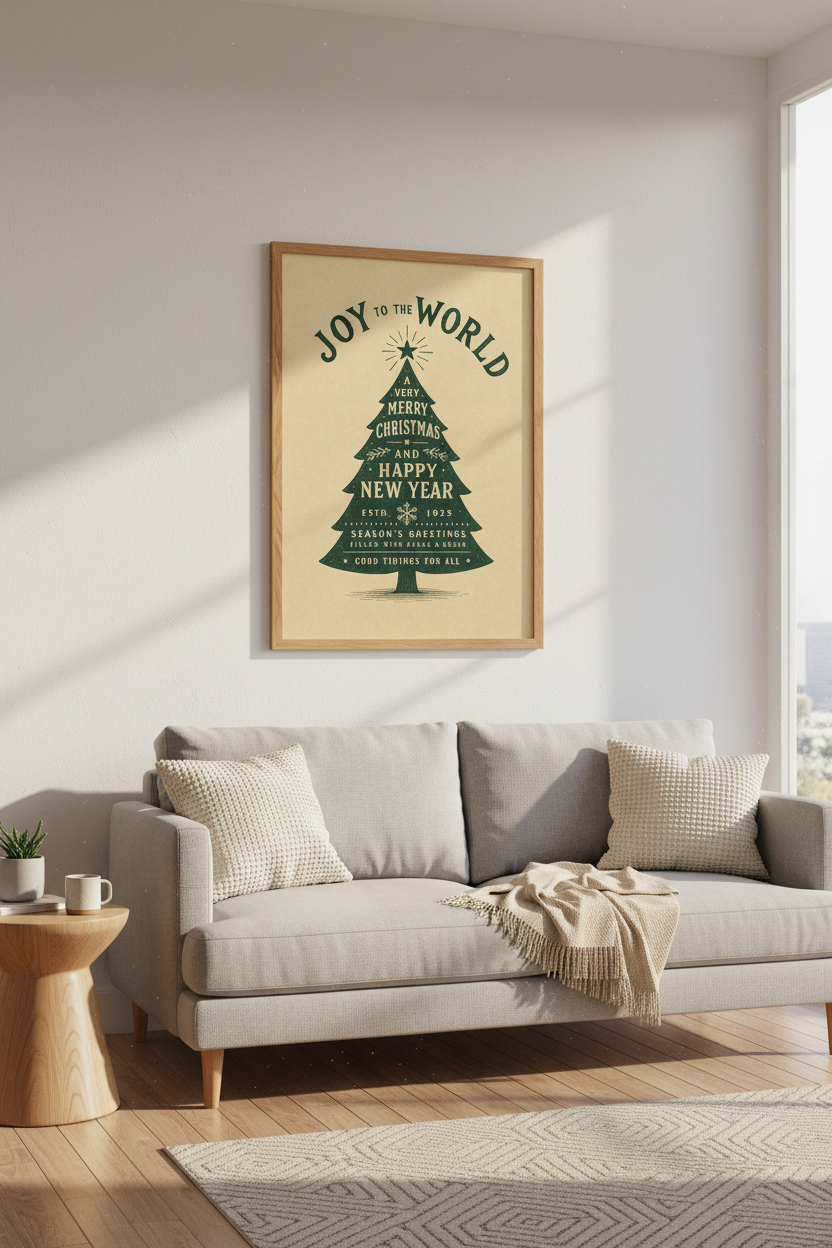 Vintage Christmas Tree Wall Art | Joy to the World Print | Rustic Holiday Poster