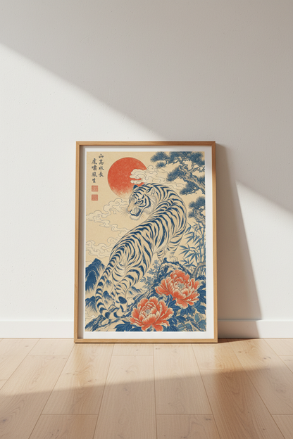 Japanese Tiger Wall Art Print | Ukiyo-e Style Blue &amp; Orange, Living Room Decor