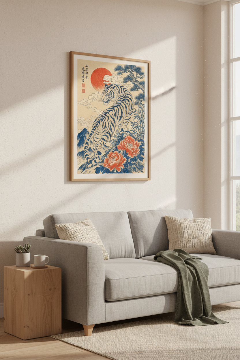 Japanese Tiger Wall Art Print | Ukiyo-e Style Blue &amp; Orange, Living Room Decor