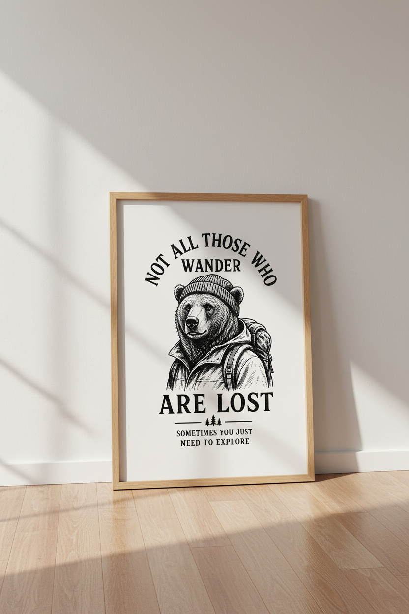 Wanderer Bear Wall Art | Vintage Ink Sketch, Rustic Cabin &amp; Nursery Decor