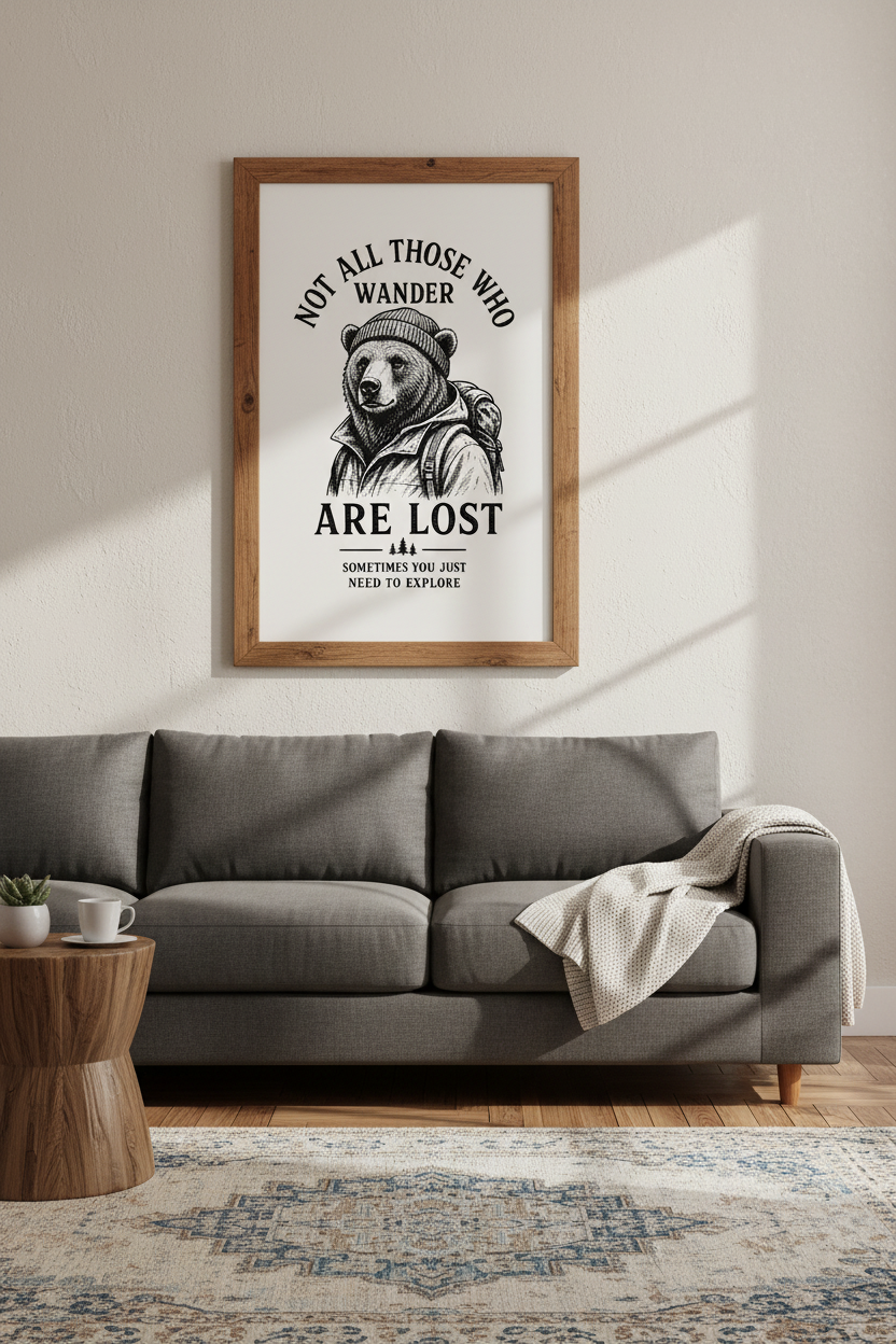 Wanderer Bear Wall Art | Vintage Ink Sketch, Rustic Cabin &amp; Nursery Decor