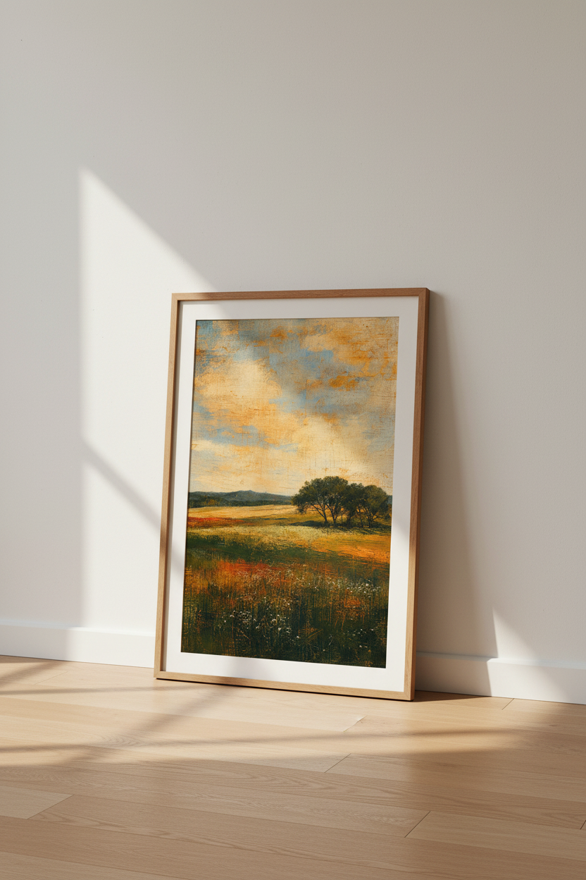 Vintage Landscape Oil Painting | Muted Earth Tones, Rustic Farmhouse Wall Art