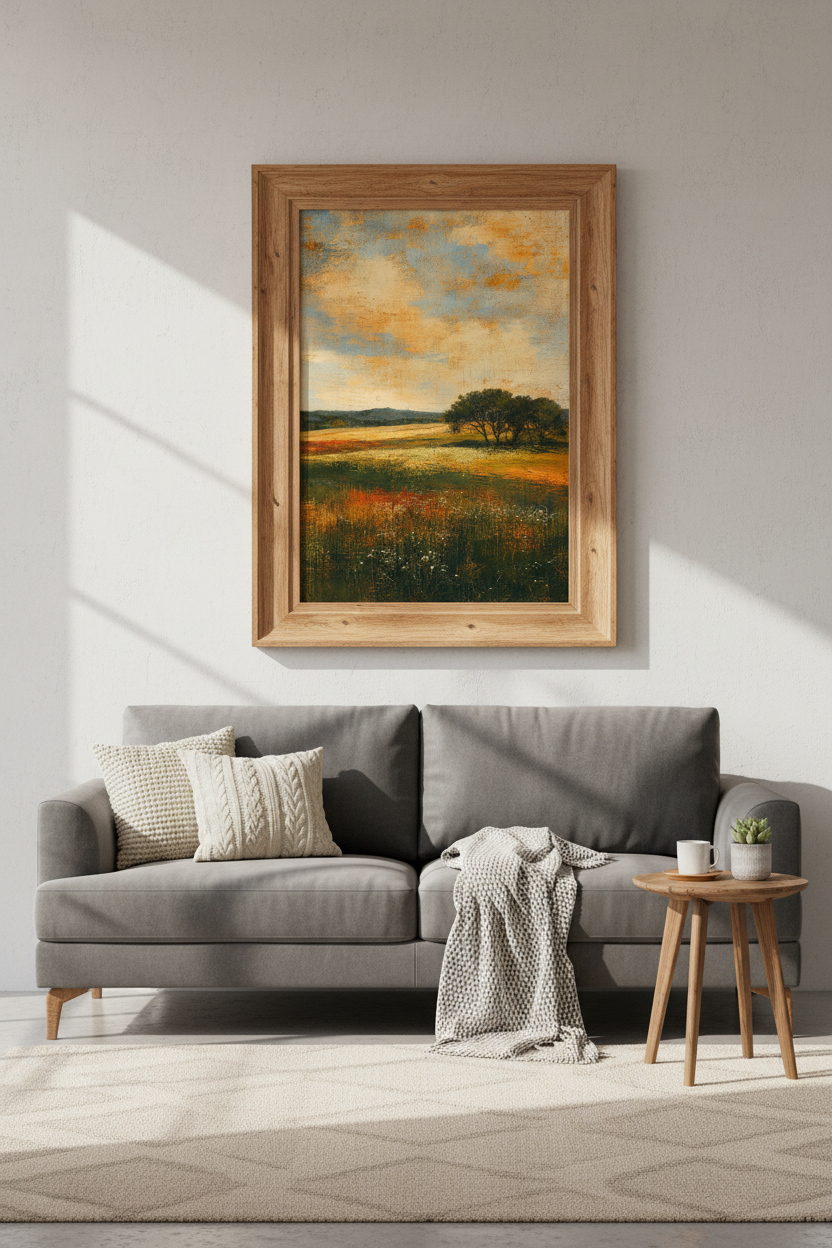 Vintage Landscape Oil Painting | Muted Earth Tones, Rustic Farmhouse Wall Art
