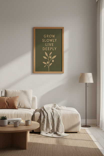 Grow Slowly Live Deeply Wall Art | Sage Green Olive Poster, Boho Office Decor