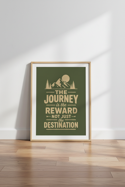 Mountain Typography Art | Journey Reward Quote, Forest Green Rustic Cabin Decor