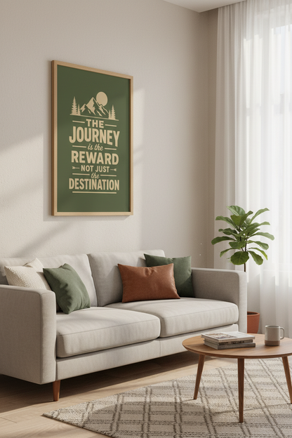 Mountain Typography Art | Journey Reward Quote, Forest Green Rustic Cabin Decor