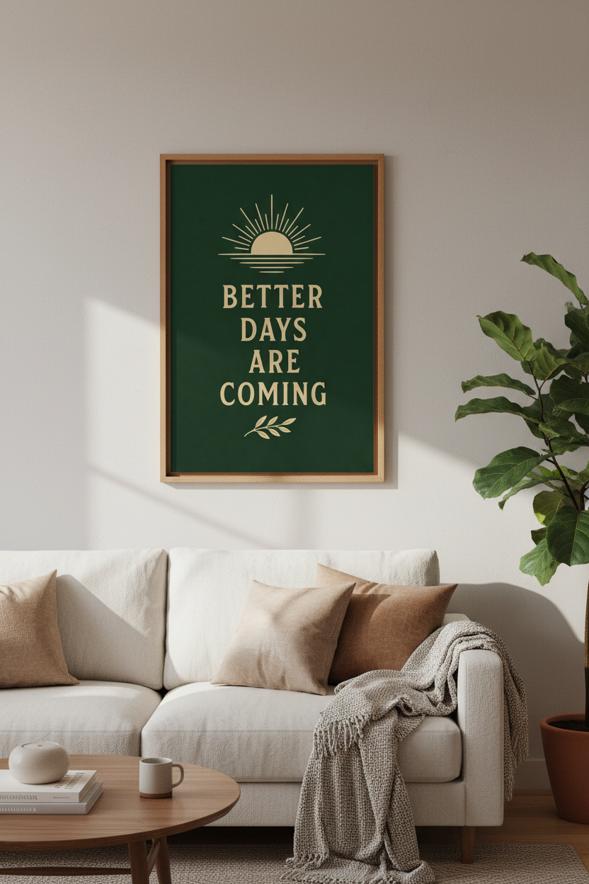 Better Days Quote Wall Art | Green &amp; Gold Boho Decor, Inspirational Poster