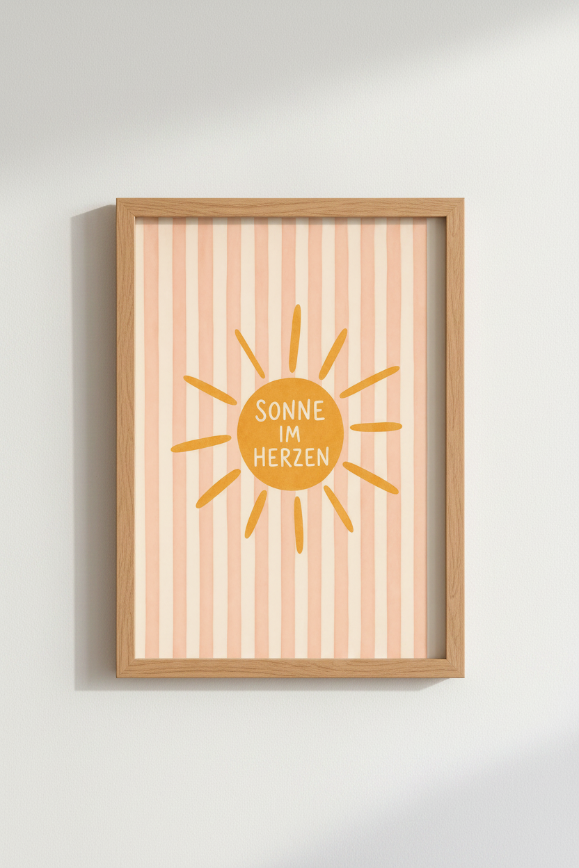 Sunny Heart Poster | Boho Sun Wall Art, German Quote Print for Nursery or Living Room