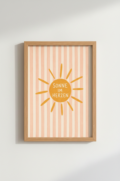 Sunny Heart Poster | Boho Sun Wall Art, German Quote Print for Nursery or Living Room
