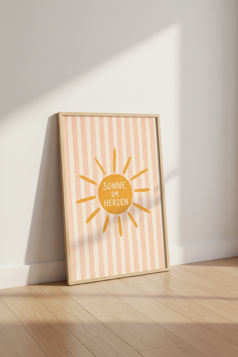 Sunny Heart Poster | Boho Sun Wall Art, German Quote Print for Nursery or Living Room