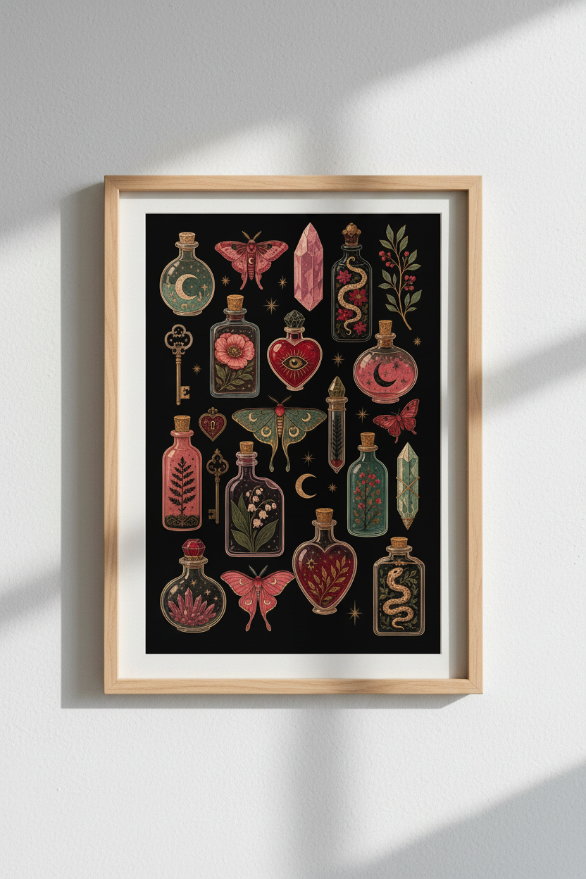 Dark Cottagecore Wall Art Print | Gothic Apothecary Decor | Witchy Moths &amp; Potions Poster