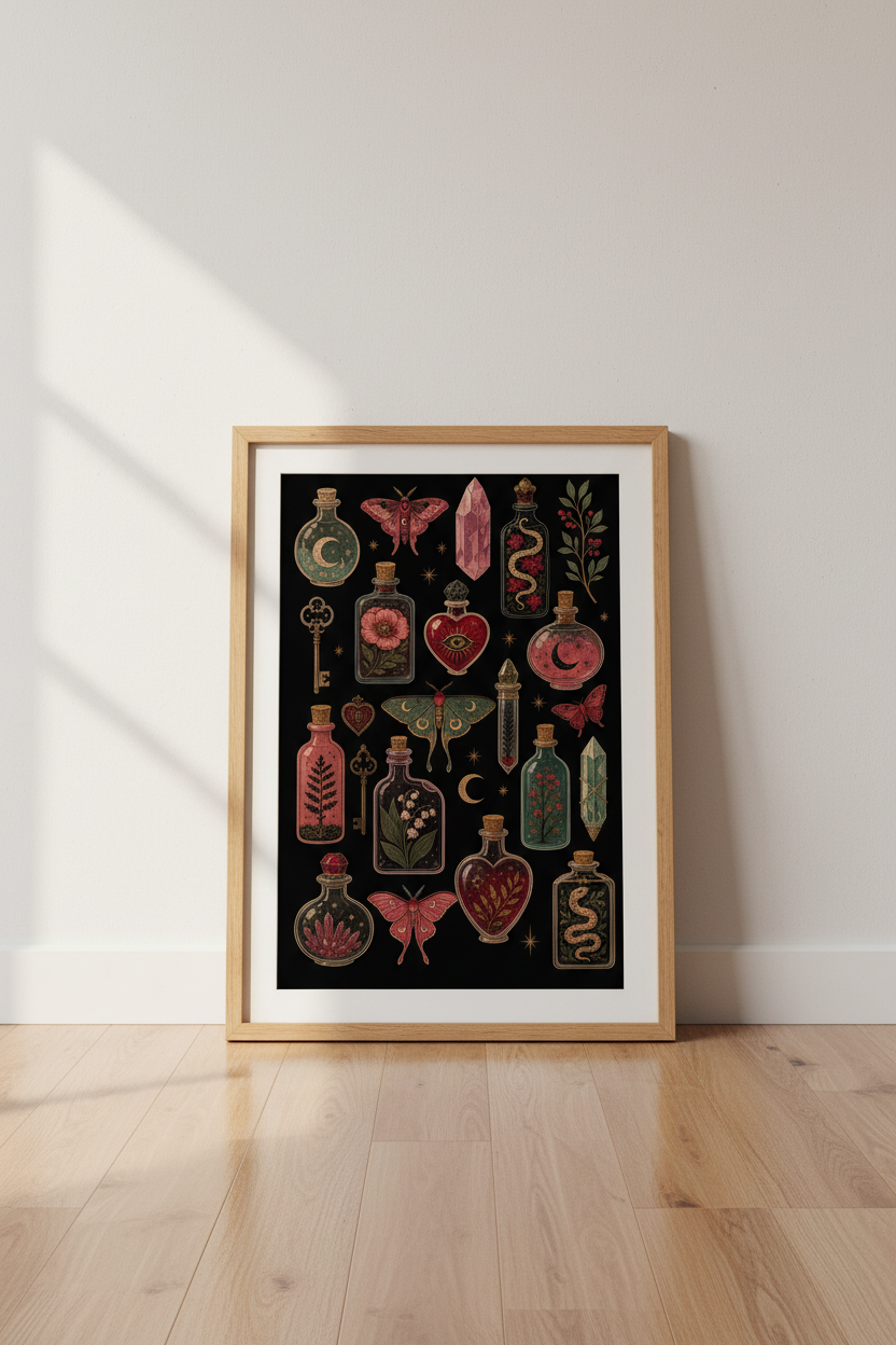 Dark Cottagecore Wall Art Print | Gothic Apothecary Decor | Witchy Moths &amp; Potions Poster