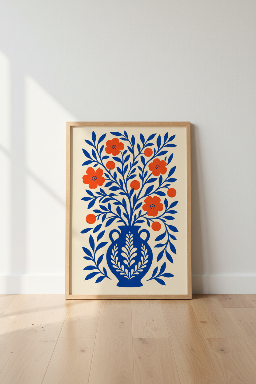 Blue Floral Vase Wall Art | Orange Botanical Print | Modern Folk Art Poster