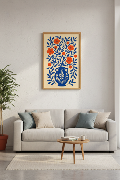 Blue Floral Vase Wall Art | Orange Botanical Print | Modern Folk Art Poster