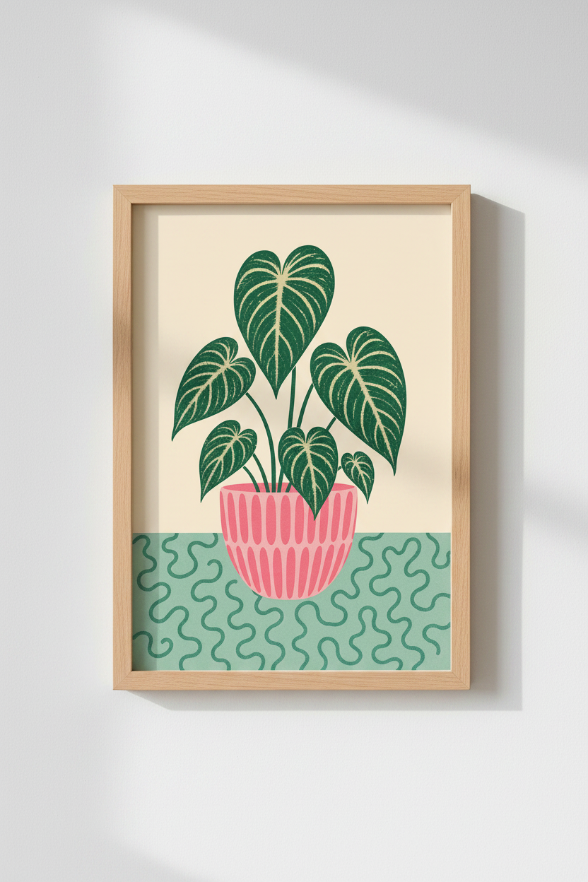 Modern Botanical Print | Pink Pot Philodendron Art, Retro Boho Living Room Decor