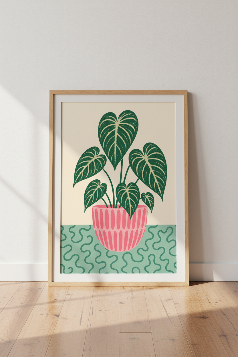 Modern Botanical Print | Pink Pot Philodendron Art, Retro Boho Living Room Decor