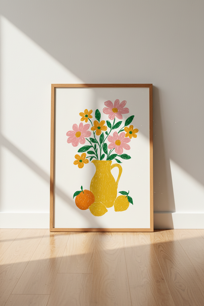 Floral Still Life Wall Art | Pink &amp; Yellow Botanical Decor | Retro Folk Poster