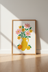 Floral Still Life Wall Art | Pink & Yellow Botanical Decor | Retro Folk Poster