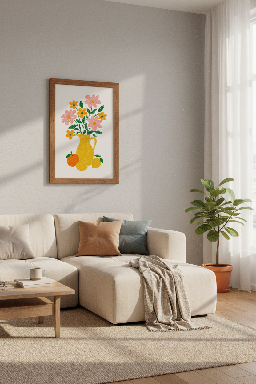 Floral Still Life Wall Art | Pink &amp; Yellow Botanical Decor | Retro Folk Poster