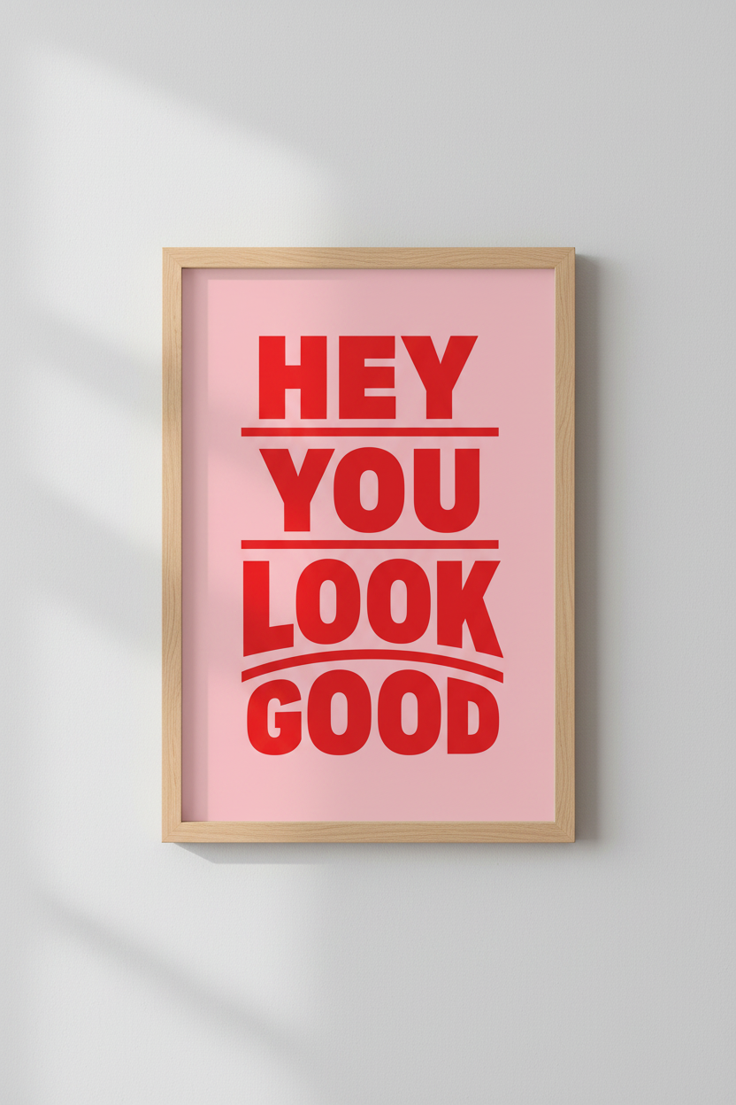 Hey You Look Good Wall Art Print | Bathroom Decor | Red and Pink Aesthetic Poster