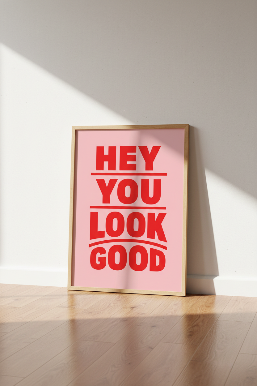 Hey You Look Good Wall Art Print | Bathroom Decor | Red and Pink Aesthetic Poster