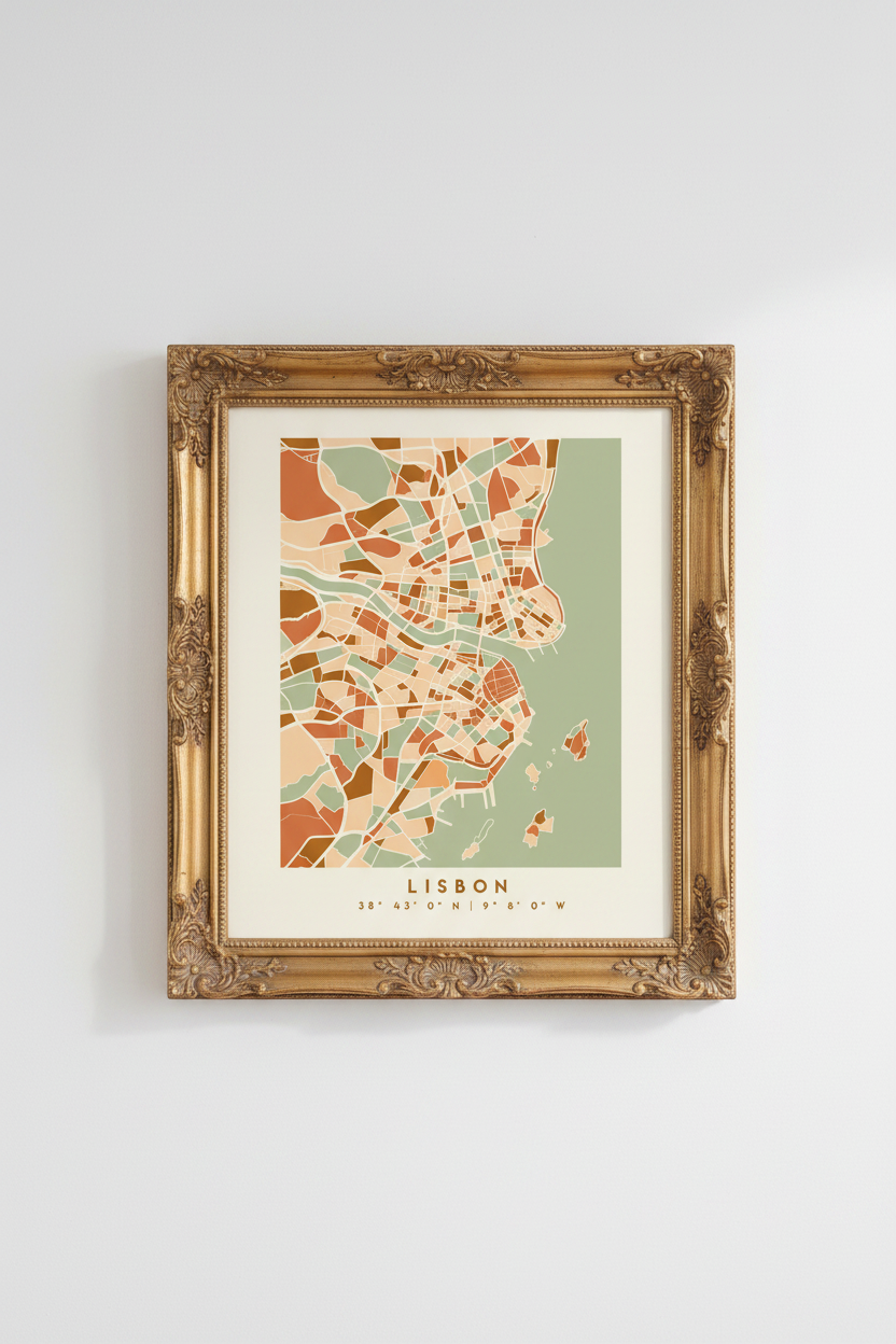 Lisbon map poster | Abstract city layout, pastel hues | Living room decor