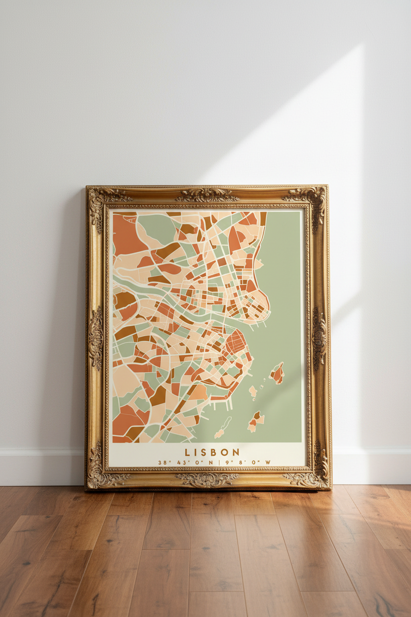 Lisbon map poster | Abstract city layout, pastel hues | Living room decor